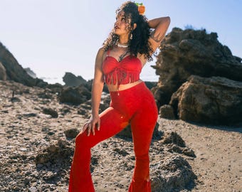 Red Yoga Leggings: High Waist Activewear, Boho Festival Pants