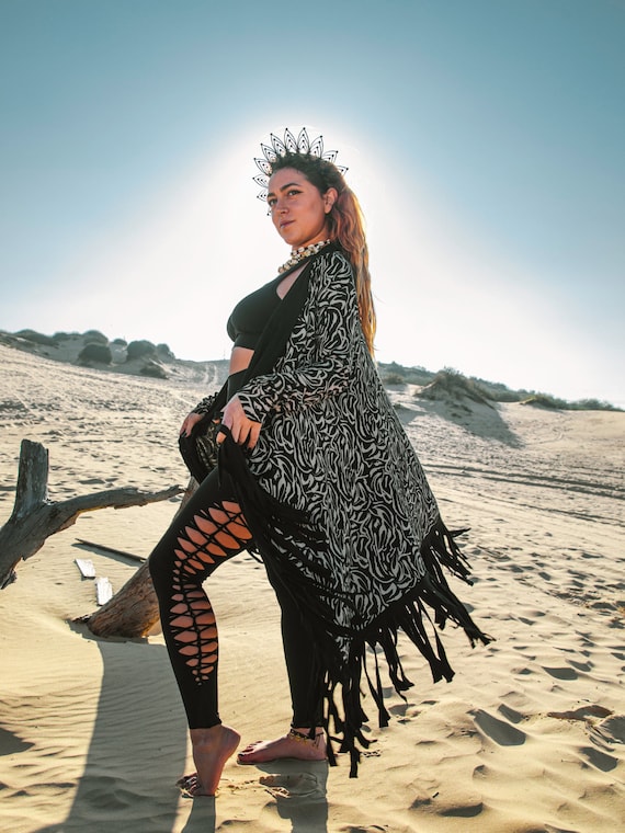 Black and White Printed Cardigan, Boho Fringe Maxi Cardigan