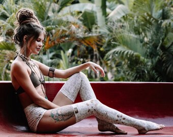 Printed Off-White Long Leg Warmers For Women, Knee High Socks, Sexy Yoga Wear, Holidays Gifts For Her