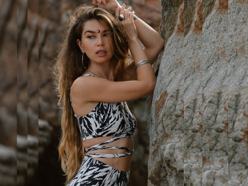 Zebra Print Crop Top, Black and White Top, Boho Crop Top, Yoga Crop Top, Tie Back Crop Top, Tie Waist Crop Top, Festival Wear