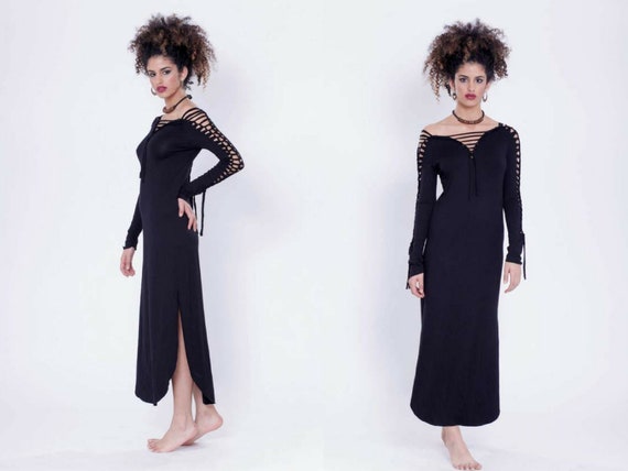 Long Black Dress Boho Maxi Dress Sexy Black Dress Neutral | Etsy