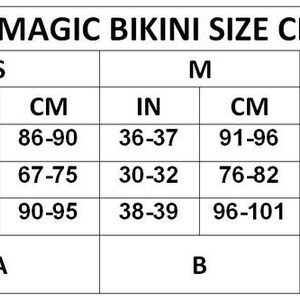 K&ouml;nnte beinhalten: Eine Gr&ouml;&szlig;entabelle f&uuml;r Bikini-Oberteile, die die Ma&szlig;e in Zoll und Zentimetern f&uuml;r Brustumfang, Taille, H&uuml;fte und BH-K&ouml;rbchengr&ouml;&szlig;e zeigt. Die Tabelle umfasst die Gr&ouml;&szlig;en S, M und L.