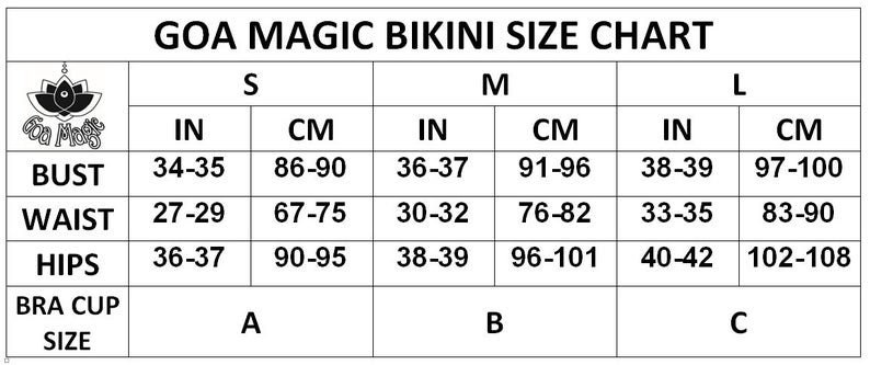 K&ouml;nnte beinhalten: Eine Gr&ouml;&szlig;entabelle f&uuml;r Bikini-Oberteile, die die Ma&szlig;e in Zoll und Zentimetern f&uuml;r Brustumfang, Taille, H&uuml;fte und BH-K&ouml;rbchengr&ouml;&szlig;e zeigt. Die Tabelle umfasst die Gr&ouml;&szlig;en S, M und L.