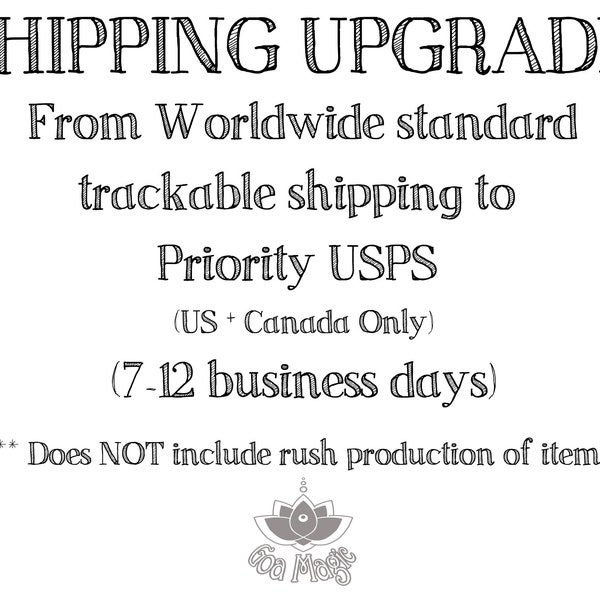 Priority USPS Shipping Upgrade (US + Canada Only): from Worldwide standard trackable shipping (10-45 days) to Priority USPS (7-12 days)