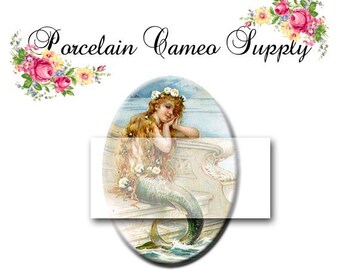 Vintage Victorian Sea Ocean Mermaid Princess Unset Porcelain Cameo Cabochon Necklace Pendant Finding Jewelry Supply 30x40mm