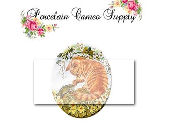 Orange Ginger Cat Playing with Frog Unset Porcelain Cameo Cabochon Necklace Pendant Finding Jewelry Supply 30x40mm