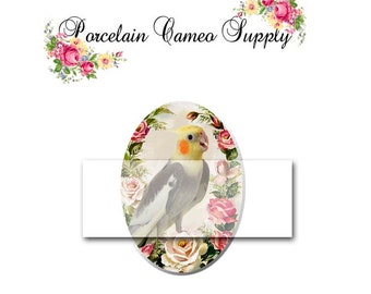 Cockatoo Bird with Victorian Rose Unset Porcelain Cameo Cabochon Necklace Pendant Finding Jewelry Supply 30x40mm