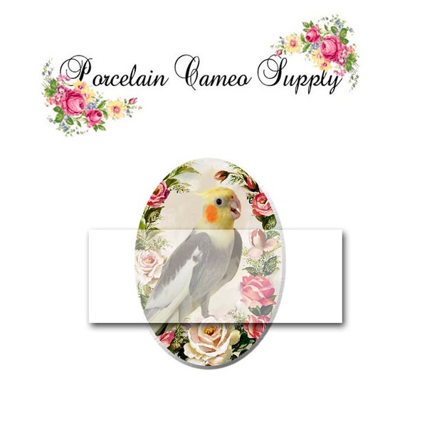 Cockatoo Bird with Victorian Rose Unset Porcelain Cameo Cabochon Necklace Pendant Finding Jewelry Supply 30x40mm