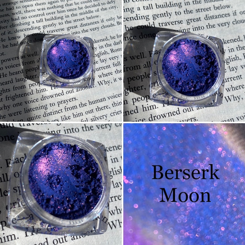 May include: A small, clear jar filled with a vibrant blue and purple iridescent loose pigment. The jar is labeled "Berserk Moon".