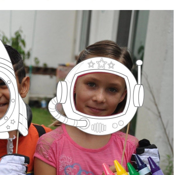 Coloring Astronaut party photo booth props / Outer space party props / Astronaut helmet spaceship rocket photo prop printables