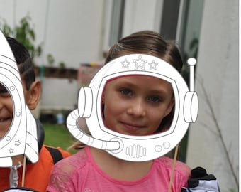 Outer space Astronaut party coloring page printable photo booth props with helmet spaceship rocket