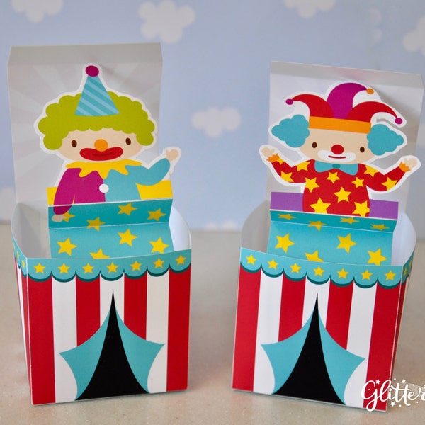 Circus carnival clown Jack in the Box pop up favor box PDF printable circus big top tent toy for birthday or baby shower