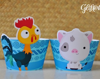 Envoltorios de cupcakes de Moana / Favores de fiesta de Moana / Imprimibles de fiesta de cumpleaños de Moana / Decoraciones de Moana Heihei / Moana Hawaii