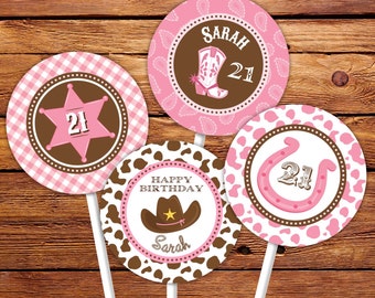 Adornos y envoltorios para cupcakes de fiesta de vaquera rosa / Etiquetas circulares para bolsas de golosinas imprimibles del Salvaje Oeste