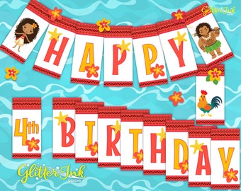 Moana printable party banner / Moana happy birthday banner / Moana decorations / Moana party decor / Maui flag banner