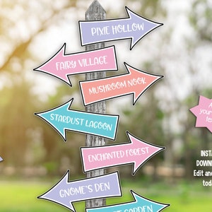 May include: A set of printable fairy party arrow signs with names like Pixie Hollow, Fairy Village, Mushroom Nook, Stardust Lagoon, Enchanted Forest, Gnome's Den, and Secret Garden. The signs are in various pastel colors and have a whimsical, fairytale theme.