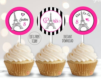 Paris Party cupcake toppers / Paris birthday cupcake wrappers / Eiffel Tower Ooh la la Paris party favors