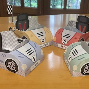 4 DIY TEMPLATES Two fast birthday race car party favors treat box, Printable Papercraft racing theme candy favor boxes paper toy centerpiece