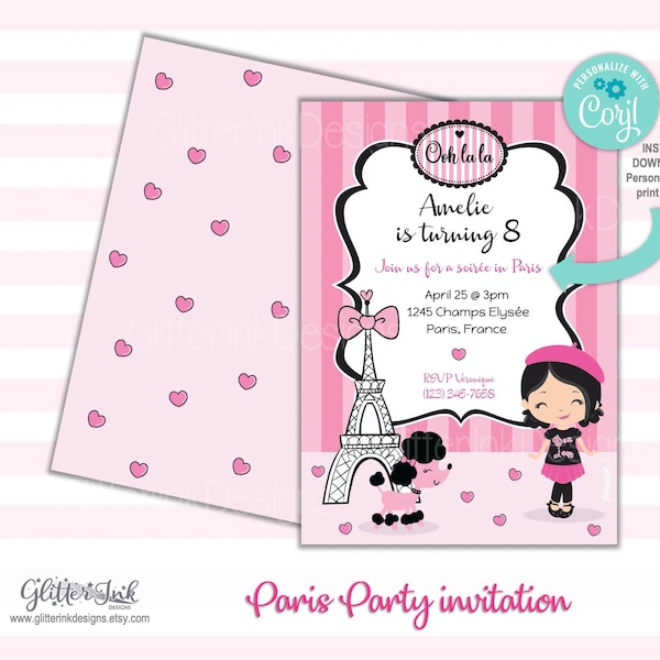 Eiffel Tower Paris invitation / Paris party invitation / Paris birthday party / Paris baby shower / pink poodle chic girl / digital file