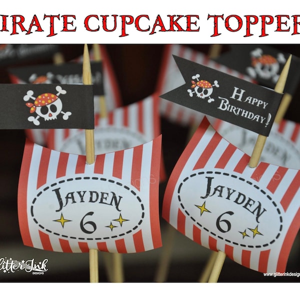 Pirate Party cupcake toppers and wrappers birthday decorations, Pirate ship sails and flags party favors, Ahoy mateys buffet labels decor