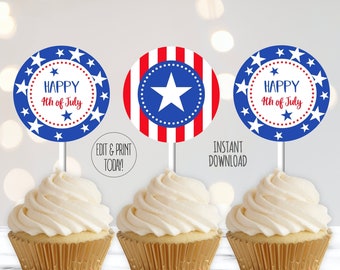 4th of July cupcake toppers and wrappers / Fourth of July party circles, favor bag tags, patriotic party decor / Edit and print yourself