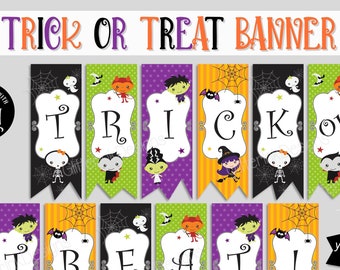 Könnte beinhalten: Druckbare Halloween-Girlande mit den Worten "Trick or Treat" in weißen Buchstaben auf schwarzem, grünem, orangefarbenem und violettem Hintergrund. Die Girlande zeigt niedliche Comicfiguren wie einen Vampir, eine Hexe, ein Gespenst und ein Skelett.