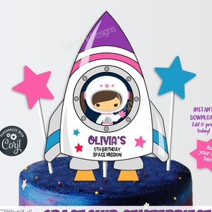 Outer space party cake topper centerpiece / Outer space birthday spaceship printable party decor / Astronaut girl space decorations image 1