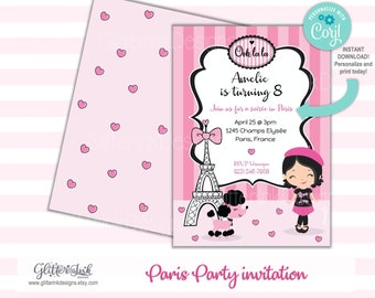 Eiffel Tower Paris invitation / Paris party invitation / Paris birthday party / Paris baby shower / pink poodle chic girl / digital file