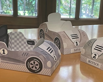 3 DIY TEMPLATES Two fast birthday race car party favors treat box, Printable Papercraft racing theme candy favor boxes paper toy centerpiece