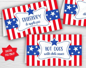 4th of July food tent cards, Fourth of July name cards, 4th of July decorations, Patriotic place cards, stars and stripes Independence Day