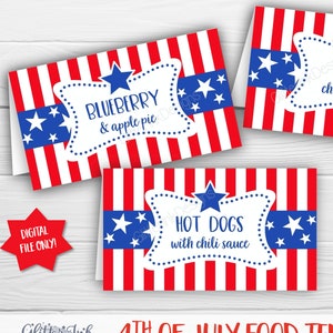 4th of July food tent cards, Fourth of July name cards, 4th of July decorations, Patriotic place cards, stars and stripes Independence Day image 1