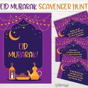 Cartões de dicas para caça ao tesouro de Eid Mubarak / Dicas para caça ao tesouro infantil do Ramadã / Atividades para Eid para impressão / Placa e banner editáveis para jogo do Ramadã