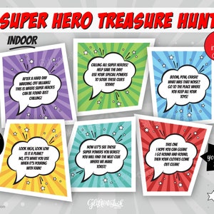 Indoor Superhelden Schnitzeljagd Hinweiskarten / Superhelden Schatzsuche Hinweise für Kinder / Superhelden Party Spiele / Superhelden Printable
