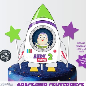 Afdrukbare middelpunt feestdecoratie in de ruimte, bewerkbare jongen astronaut raket ruimteschip verjaardagstaart topper decoratie