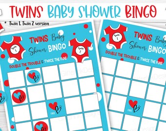 Twins baby shower bingo cards with markers / Twin girls boys printable baby bingo game / Double the trouble twice the fun baby shower games