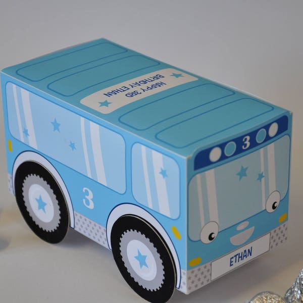 Boîte cadeau imprimable anniversaire petit bus / boîte à cadeaux de fête en bus boîte à cupcakes / cadeaux de fête bus décoration de pièce maîtresse en papier modifiable par texte