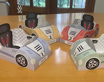 4 DIY TEMPLATES Two fast birthday race car party favors treat box, Printable Papercraft racing theme candy favor boxes paper toy centerpiece