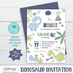 May include: A blue and green dinosaur themed birthday invitation for a boy turning four. The invitation features a blue dinosaur with the text "STOMP" above it and a green dinosaur with the text "MUNCH" above it. The invitation also features a volcano, palm tree, and eggs. The text on the invitation reads "Let's party like a dinosaur, Calvin 4! is turning".