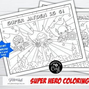 Superhero birthday printable coloring page party favors, Flying super heroes colouring activity for kids - edit and download with Corjl
