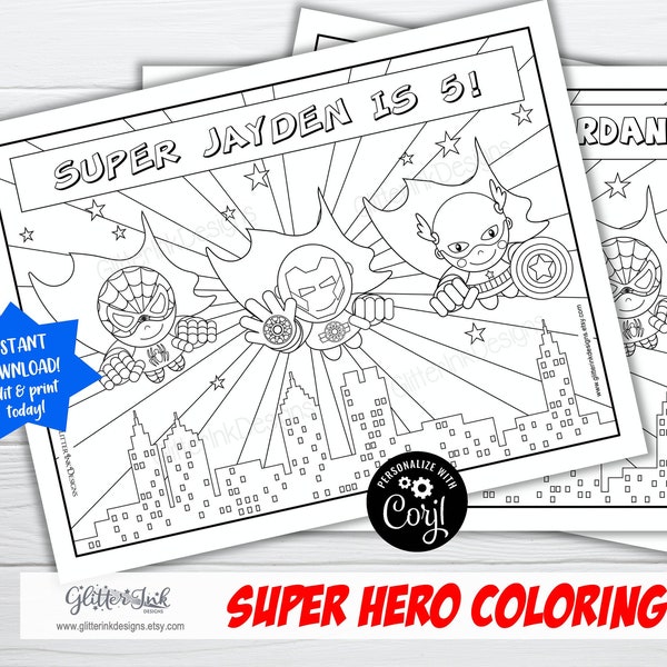 Super hero party coloring page / Flying super heroes colouring activity for kids / Superheroes birthday printable favors - edit with Corjl