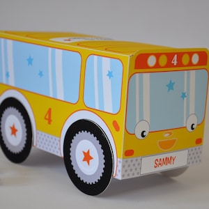 Little bus birthday printable treat box, Papercraft truck party favors cupcake boxes, Editable paper toy centerpiece decoration