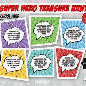 School playground superhero scavenger hunt / Superheroes classroom treasure hunt clues for kids / School yard games super hero printable