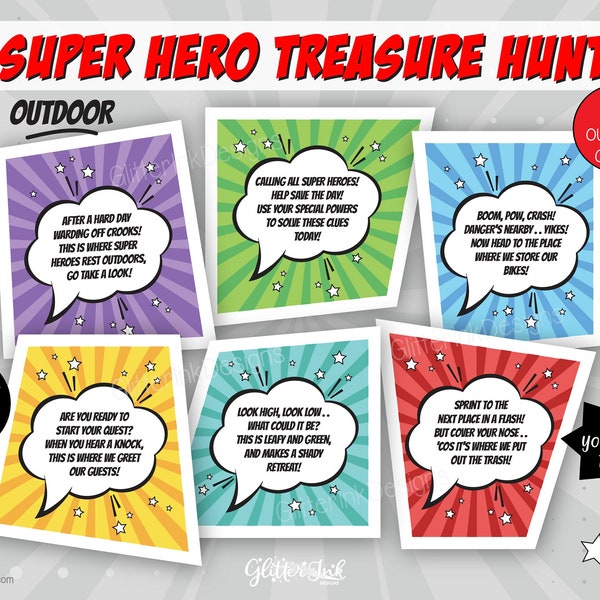 Outdoor Superhero scavenger hunt clue cards / Superheroes treasure hunt clues for kids / Super hero party games / Super heroes printable