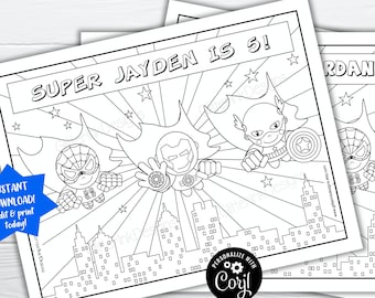 May include: Black and white coloring page featuring a superhero theme with three different versions. The page includes a cityscape, stars, and three superheroes: Spiderman, Iron Man, and Captain America. The text "SUPER JAYDEN IS 5!" is at the top of the page.