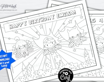 Super hero party coloring page / Flying super heroes girls colouring activity for kids / Superheroes birthday printable edit with Corjl