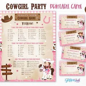 Puede incluir: Un juego imprimible para una fiesta con temática de vaquera. El juego se juega tomando la primera letra de tu nombre y apellido y emparejándolo con la lista de nombres de vaqueras. El juego también incluye una lista de nombres de vaqueras según el mes de tu cumpleaños. El juego incluye un esquema de color rosa y marrón con una vaquera montando a caballo.
