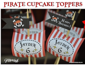 Pirate Party cupcake toppers and wrappers birthday decorations, Pirate ship sails and flags party favors, Ahoy mateys buffet labels decor