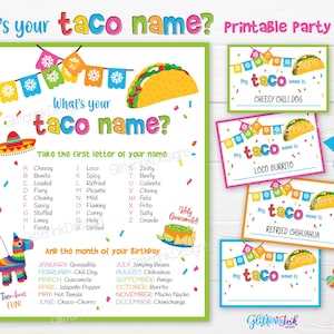 Was ist Ihr Taco Name druckbares Partyspiel, Taco spezielles Spitznamen-Generator-Schild mit Namensschildern und Karten, Cinco de Mayo Fiesta Familienspiele