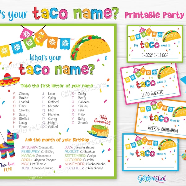 What's your Taco name printable party game / Taco Tuesday party sign with name tags & name cards / Cinco de Mayo Mexican fiesta family games