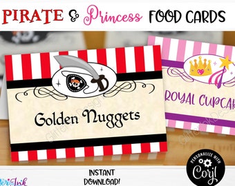 Pirate and princess party food tent cards / Pirate birthday buffet table cards / Princess printable food labels - edit with Corjl download